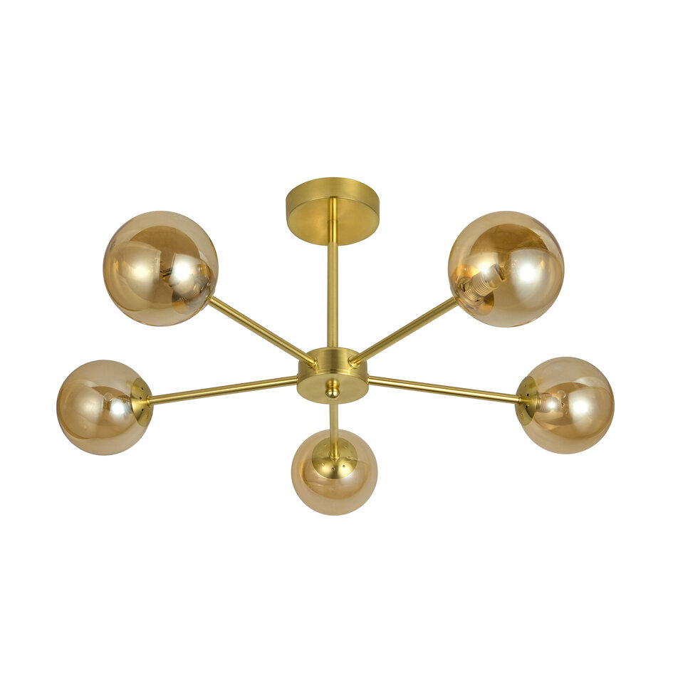 Modern taklampa Louisa med fem lampor - guld och amberfärgat glas