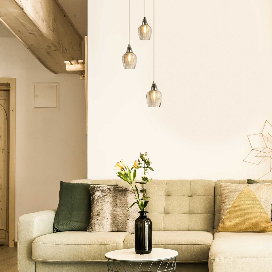 Pendellampa Virginia med tre lampor - krom och transparent glas