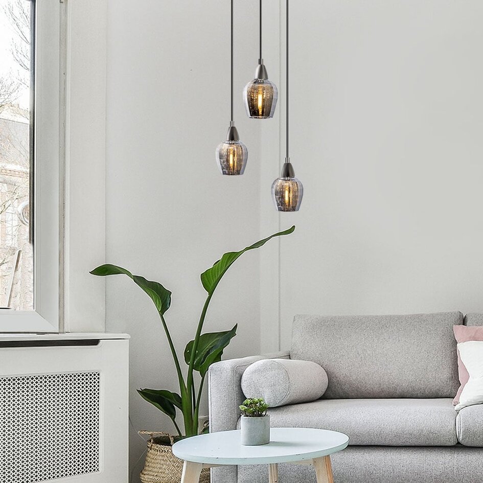 Industriell pendellampa Veronica med tre lampor - krom och rökfärgat glas