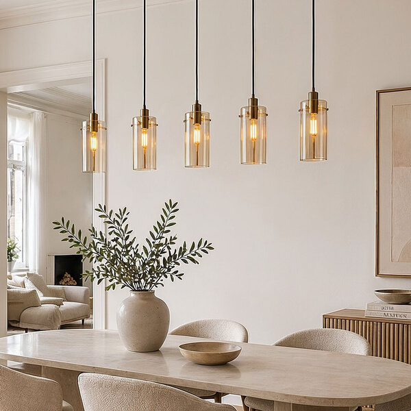 Modern matt svart och sandgul taklampa med bärnstensfärgat glas 5-ljus - Seattle
