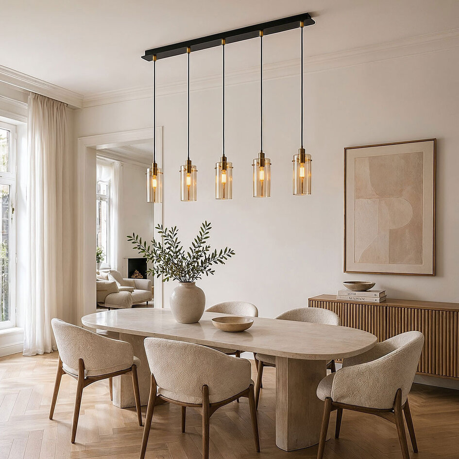 Pendellampa Seattle med fem lampor - mattsvart, sandguld och amber