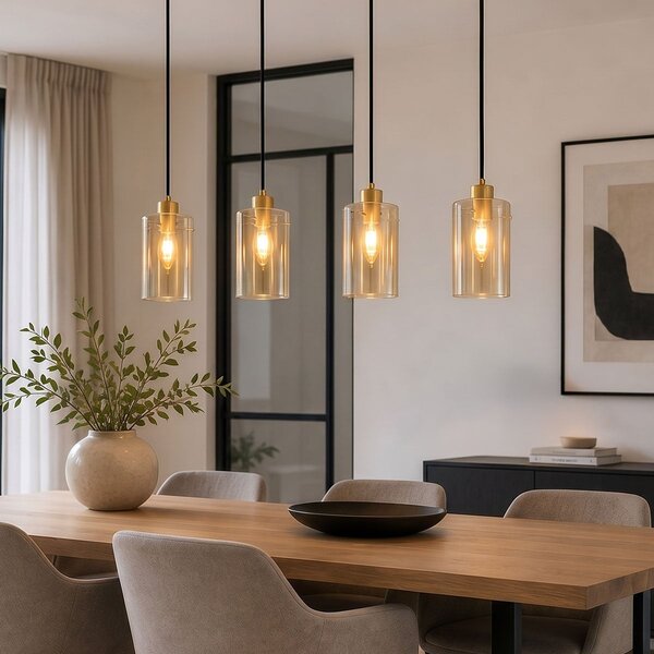 Industriell mattsvart och sandgul taklampa med bärnstensfärgat glas 4-ljus - Tuscon