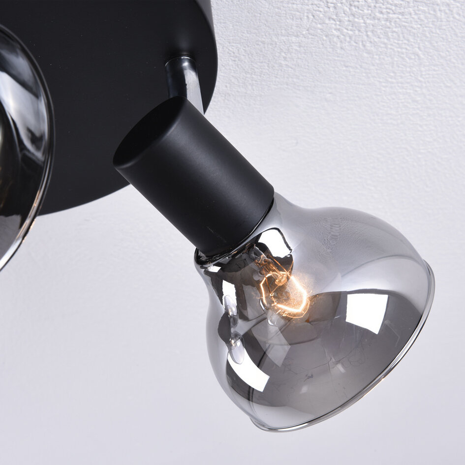 Modern takspotlight Atlanta med tre lampor, mattsvart med rökgrått glas