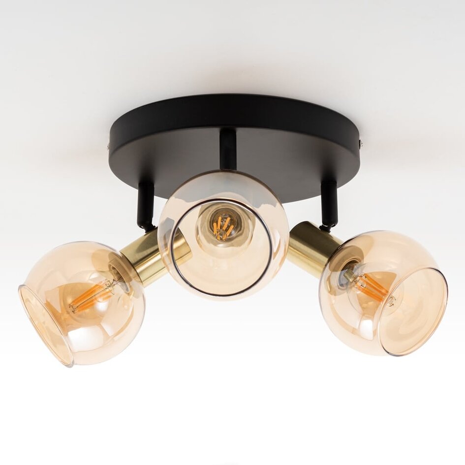 Matt svart med sandguld takspotlight och bärnstensfärgat glas 3-ljus - Oakland