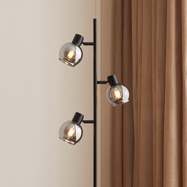 Modern matt svart golvlampa med rökgrått glas och spegeleffekt - 3-ljus Mesa