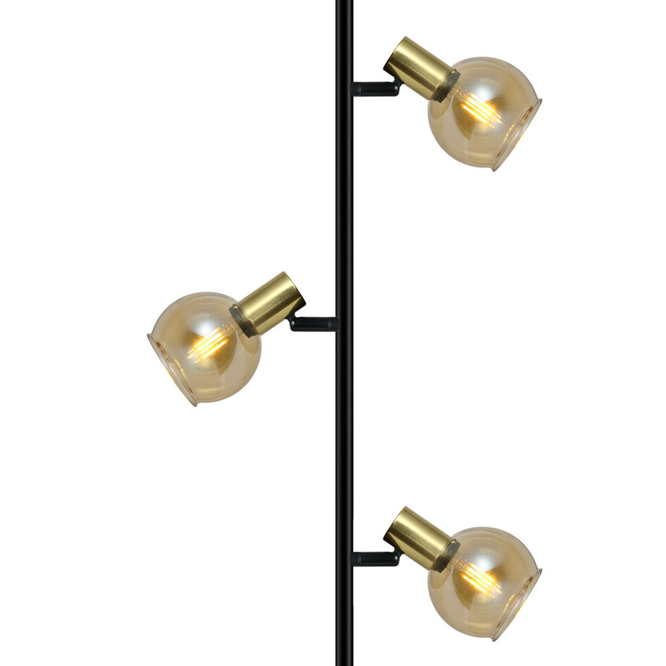Modern golvlampa Fayette med tre lampor i sandguld med amberglas