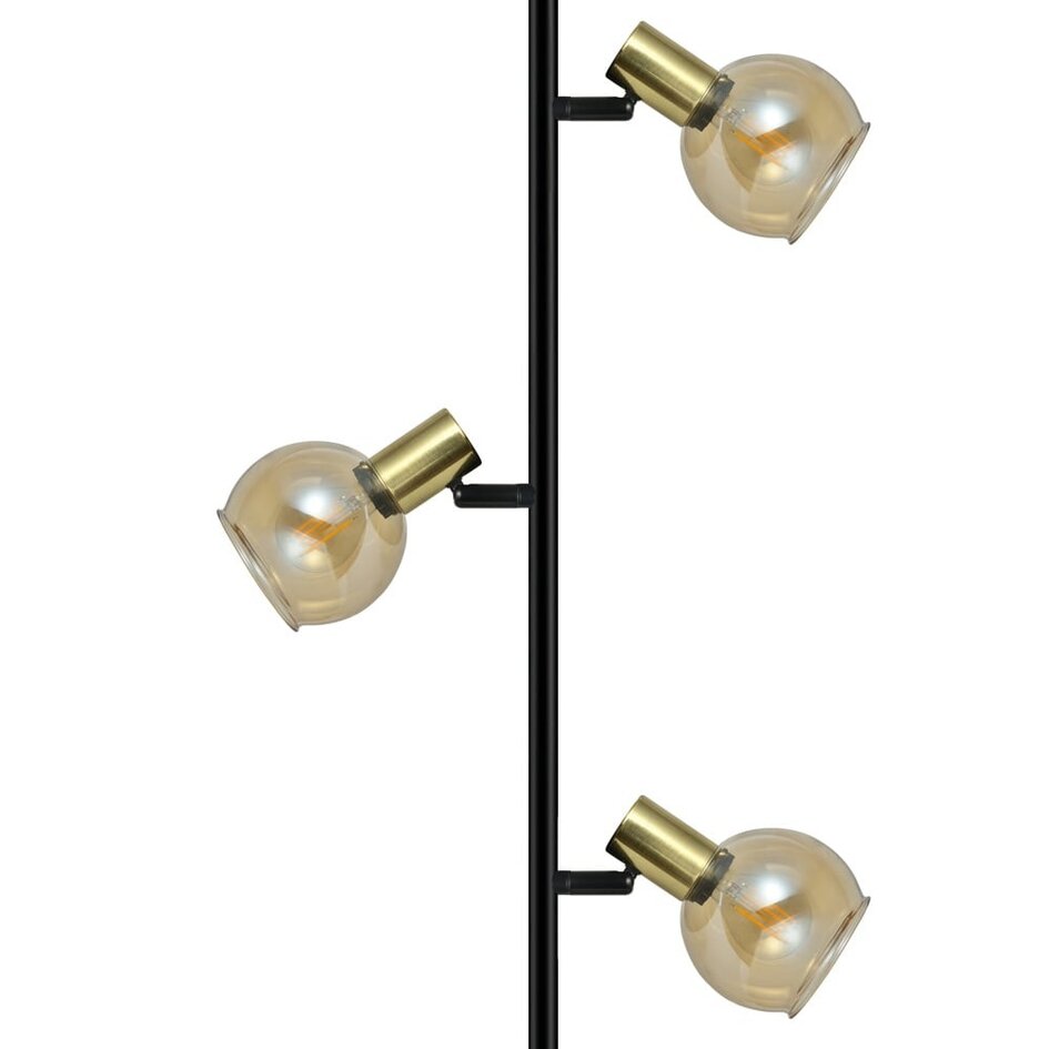 Modern golvlampa Fayette med tre lampor i sandguld med amberglas