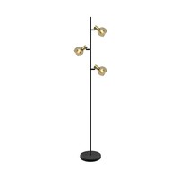 Modern golvlampa Fayette med tre lampor i sandguld med amberglas