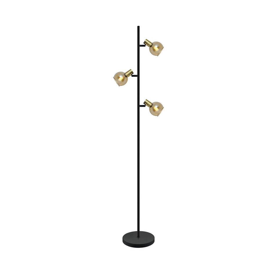 Modern golvlampa Fayette med tre lampor i sandguld med amberglas
