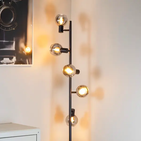 Industriell matt svart golvlampa med rökgrått glas och spegeleffekt 5-ljus - Lexington