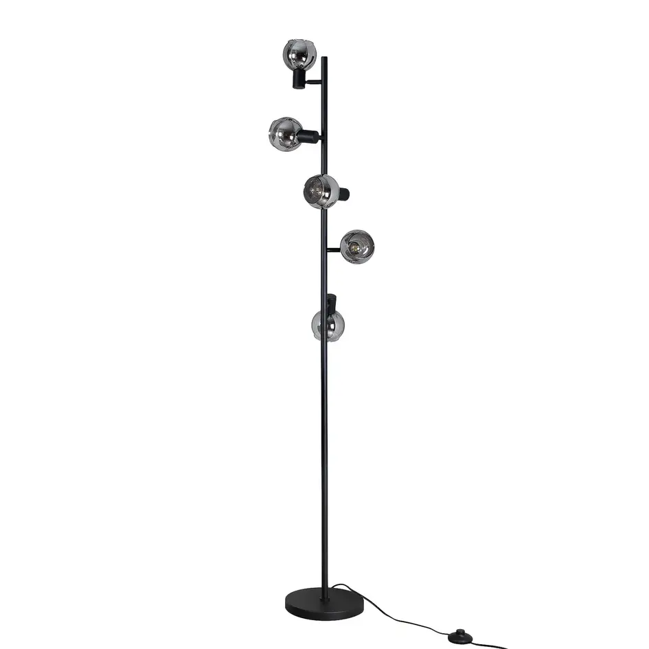 Industriell golvlampa Lexington med fem lampor, mattsvart med rökgrått glas