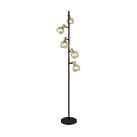 Industriell golvlampa Gilbert med fem lampor i sandguld med amberglas