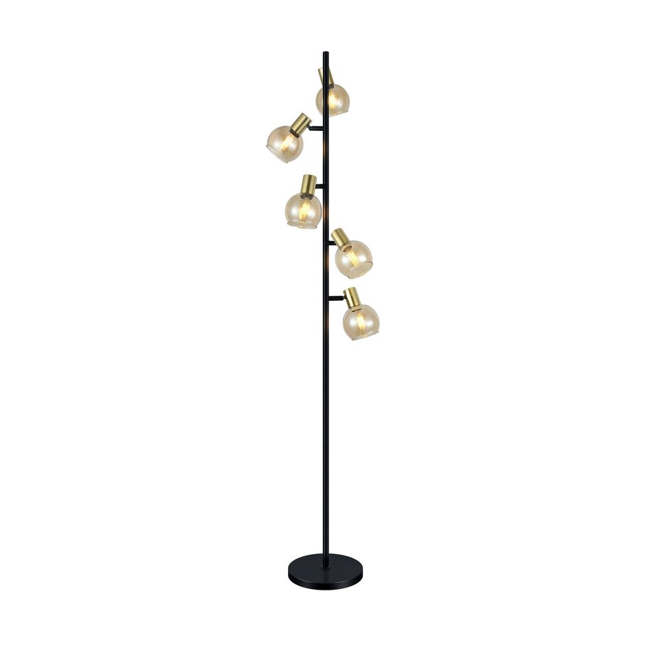 Industriell golvlampa Gilbert med fem lampor i sandguld med amberglas