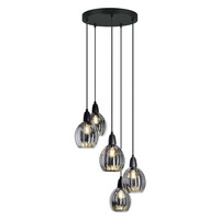 Designad pendellampa Boise med fem lampor - svart och rökfärgat glas