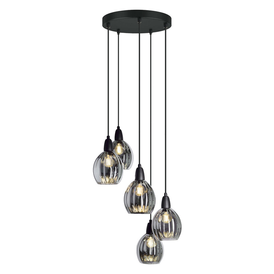 Designad pendellampa Boise med fem lampor - svart och rökfärgat glas