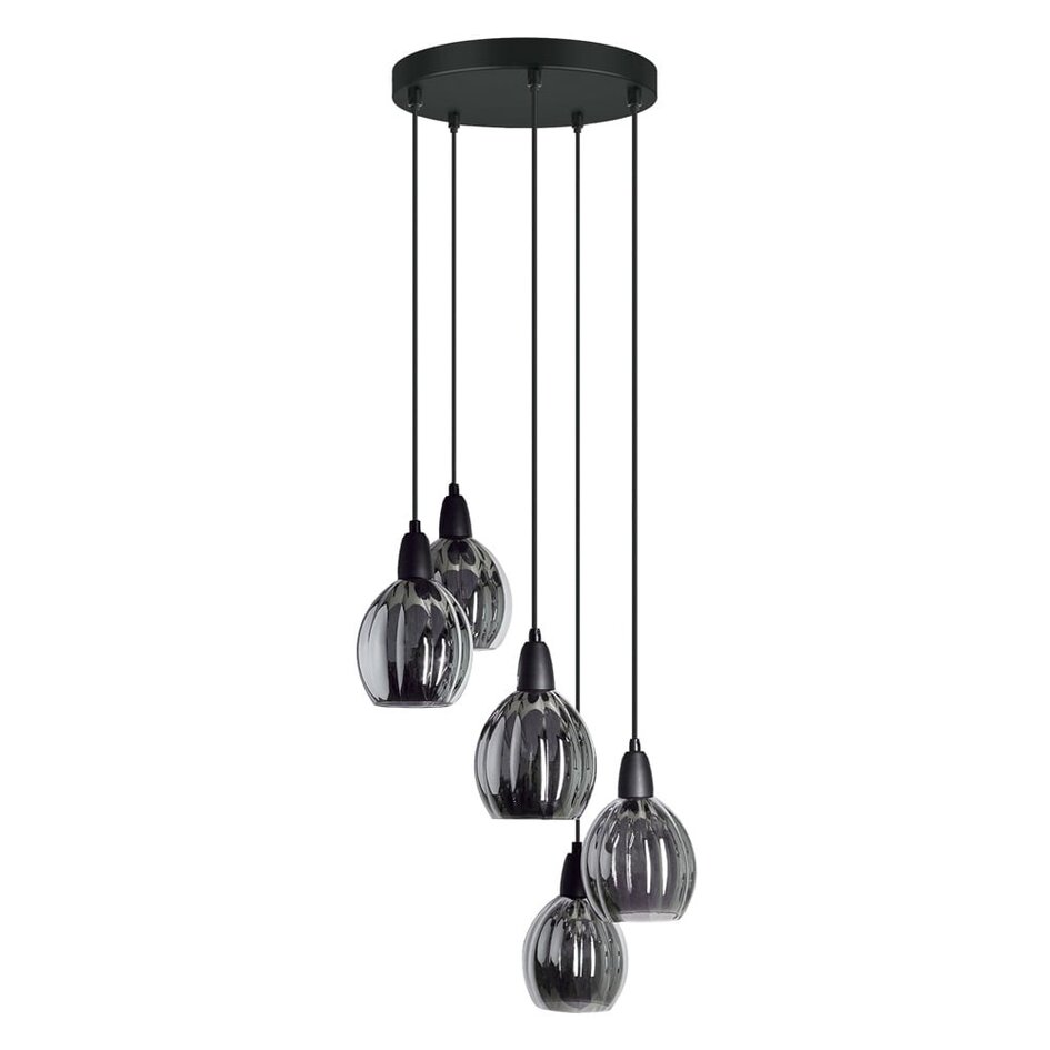 Designad pendellampa Boise med fem lampor - svart och rökfärgat glas