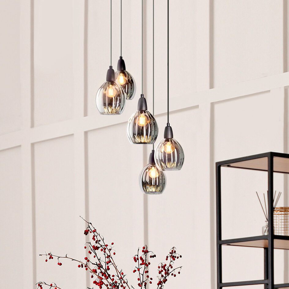 Designad pendellampa Boise med fem lampor - svart och rökfärgat glas