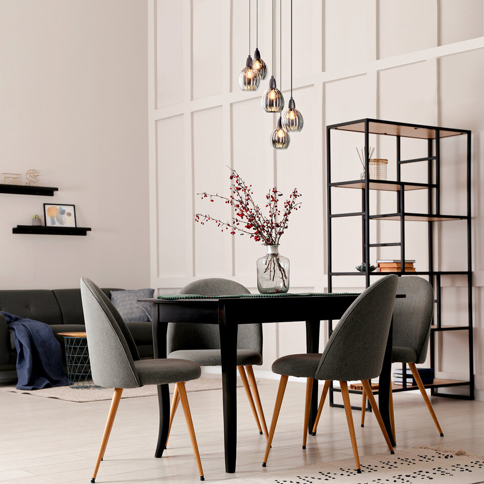 Designad pendellampa Boise med fem lampor - svart och rökfärgat glas