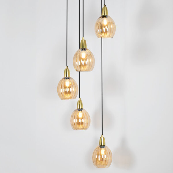 Design matt svart med sandguldfärgad taklampa och bärnstensfärgat glas 5-ljus - Baton