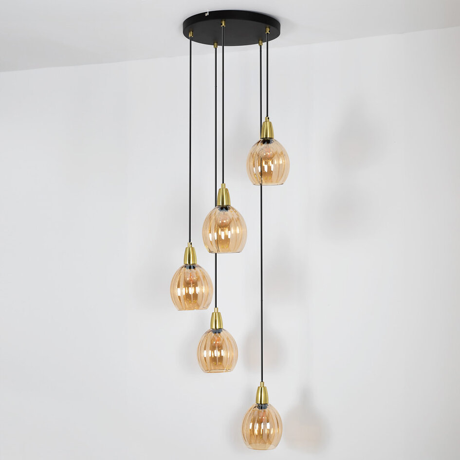 Designad pendellampa Baton med fem lampor - mattsvart, sandguld och amber
