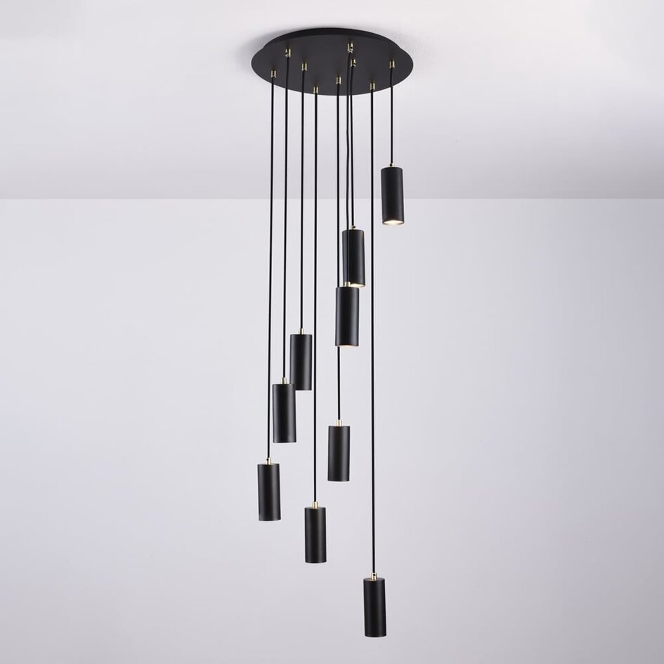 Designad pendellampa Hialeah med nio lampor - mattsvart och sandguld
