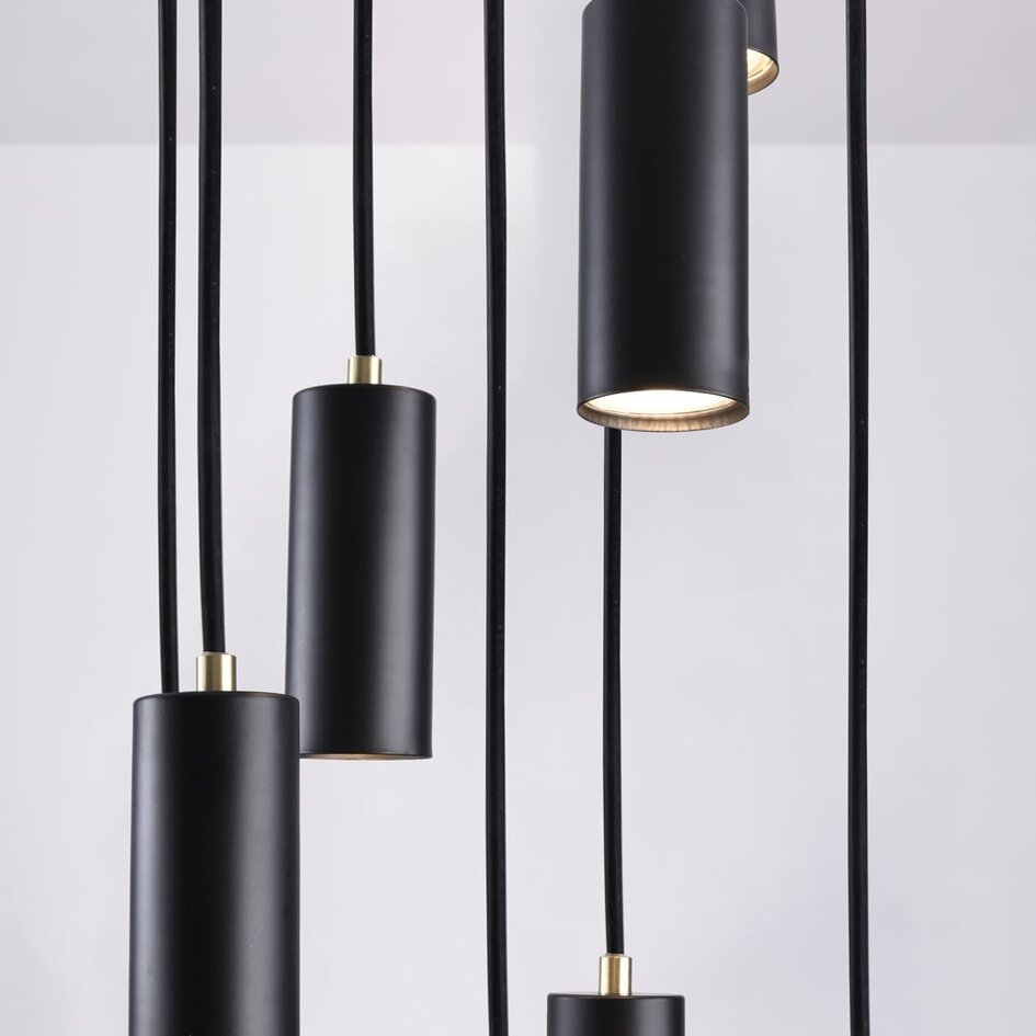 Designad pendellampa Hialeah med nio lampor - mattsvart och sandguld