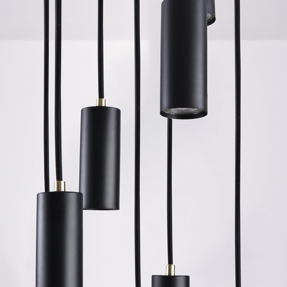 Designad pendellampa Hialeah med nio lampor - mattsvart och sandguld