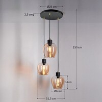 Designad pendellampa Stockton med tre lampor - mattsvart och amberfärgat glas