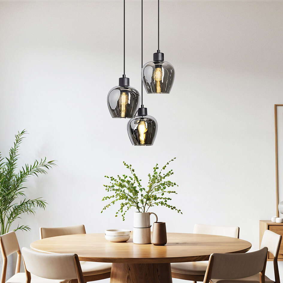 Designad pendellampa Kansas med tre lampor - rökfärgat glas