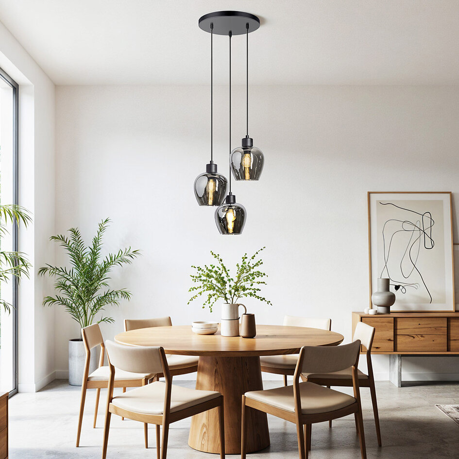 Designad pendellampa Kansas med tre lampor - rökfärgat glas