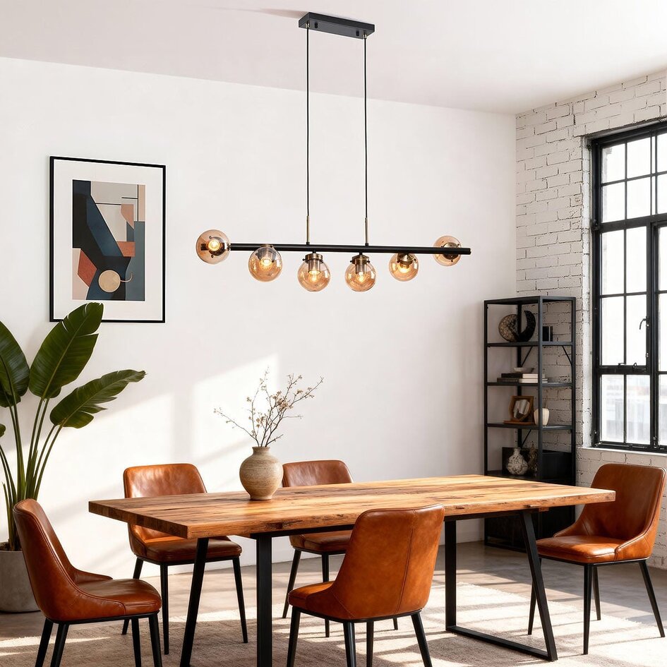 Designad pendellampa Guadeloupe med sex lampor - amberfärgat glas