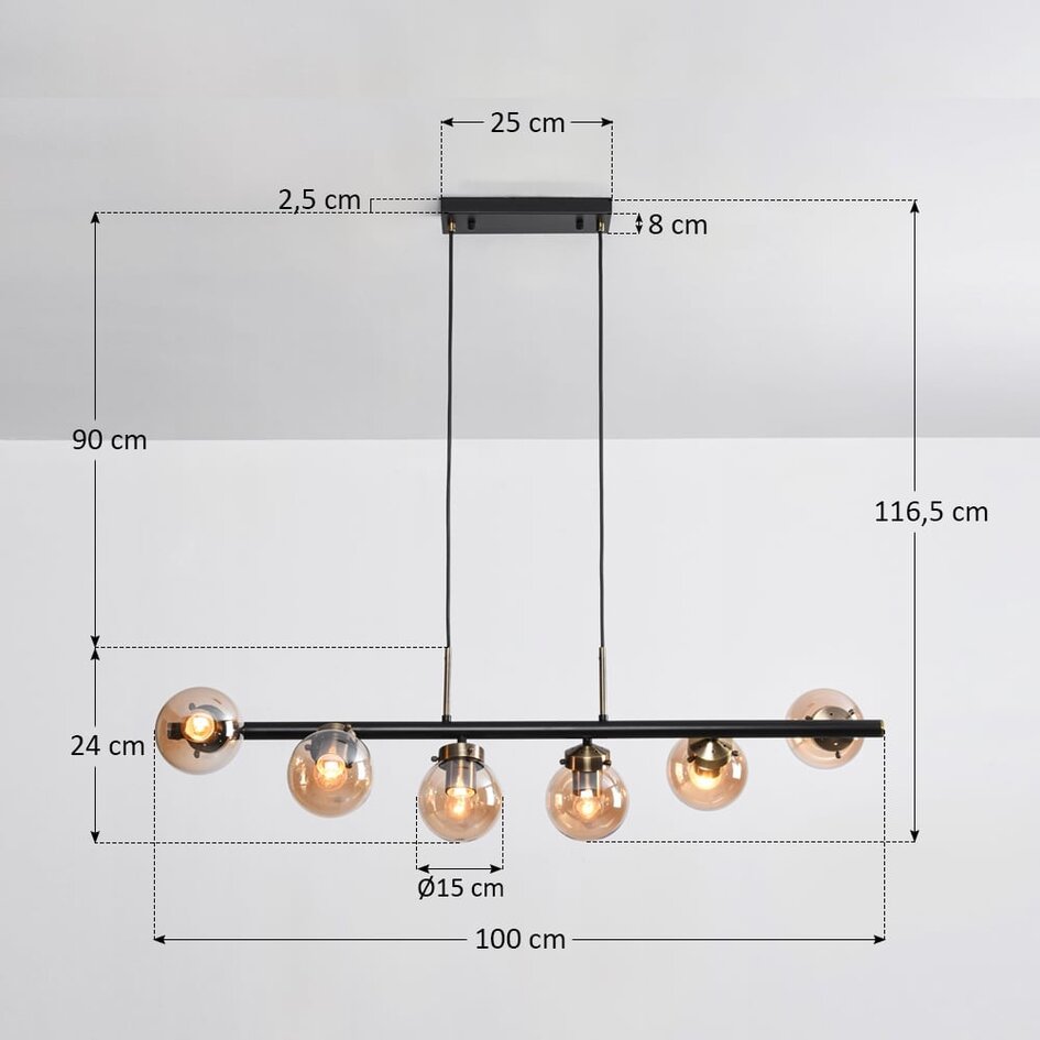 Designad pendellampa Guadeloupe med sex lampor - amberfärgat glas