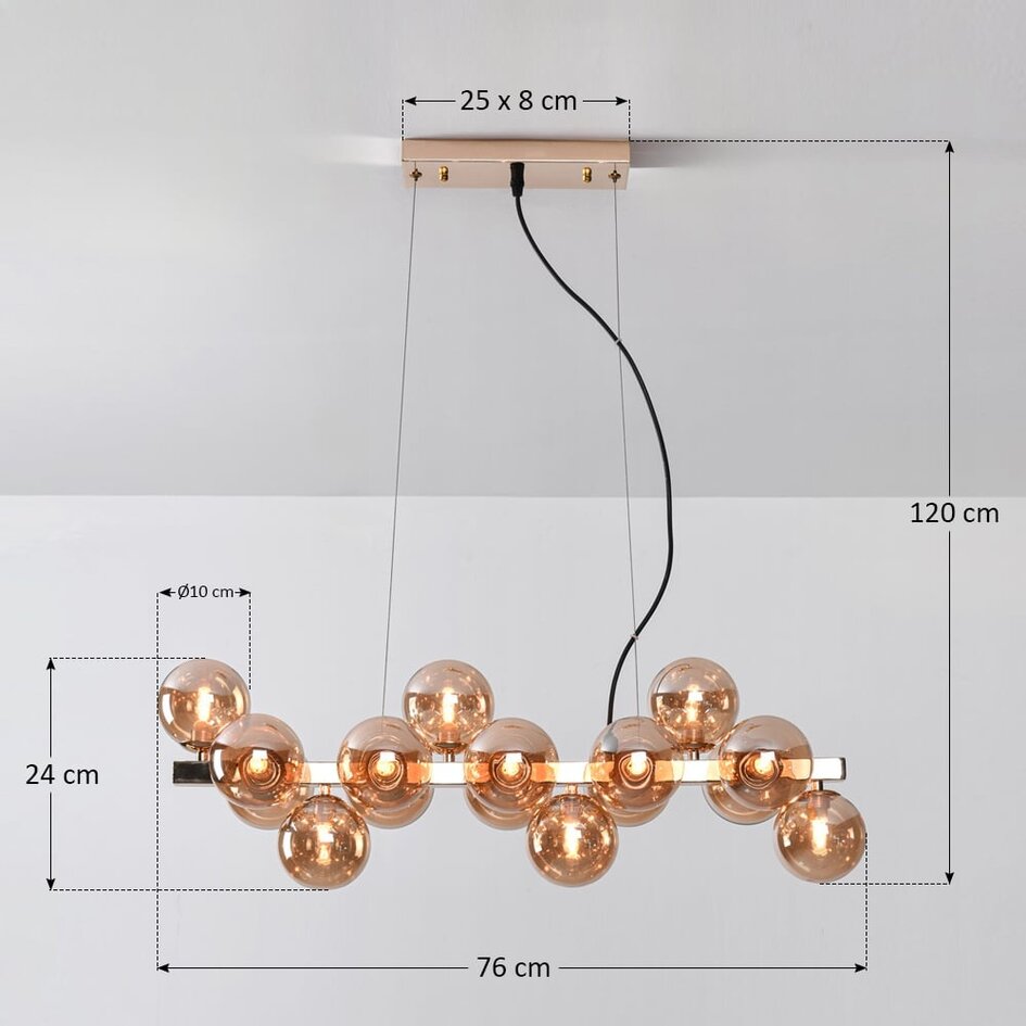 Lyxig pendellampa Sunita med sexton lampor - guld och amberfärgat glas