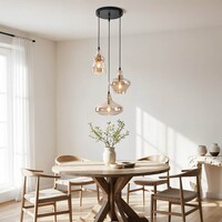 Industriell pendellampa Trinidad med tre lampor - svart och amberfärgat glas