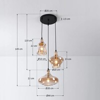 Industriell pendellampa Trinidad med tre lampor - svart och amberfärgat glas