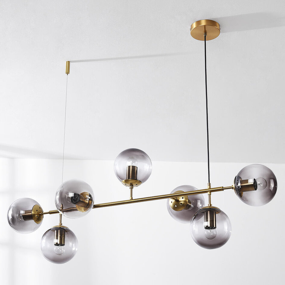 Designad pendellampa Hepta med 7 glaskulor i rökfärgat glas