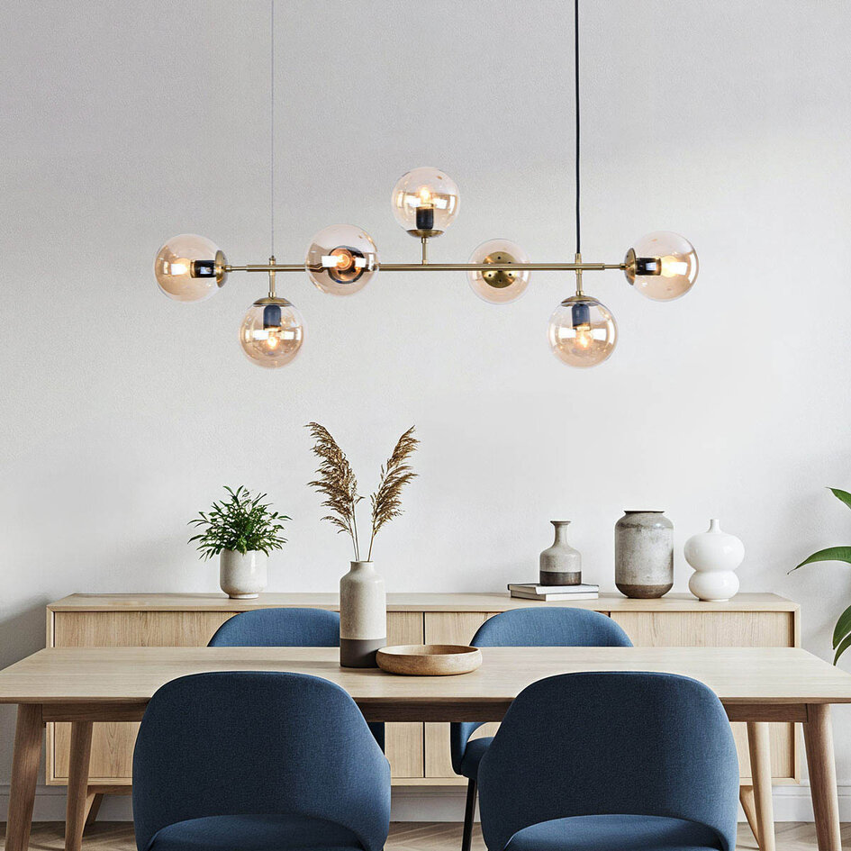 Designad pendellampa Hepta med 7 amberfärgade glaskulor