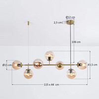 Designad pendellampa Hepta med 7 amberfärgade glaskulor