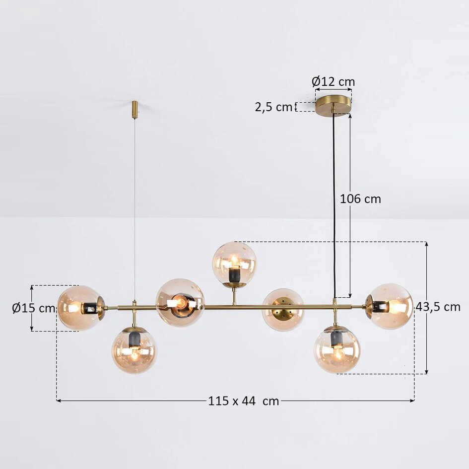 Designad pendellampa Hepta med 7 amberfärgade glaskulor