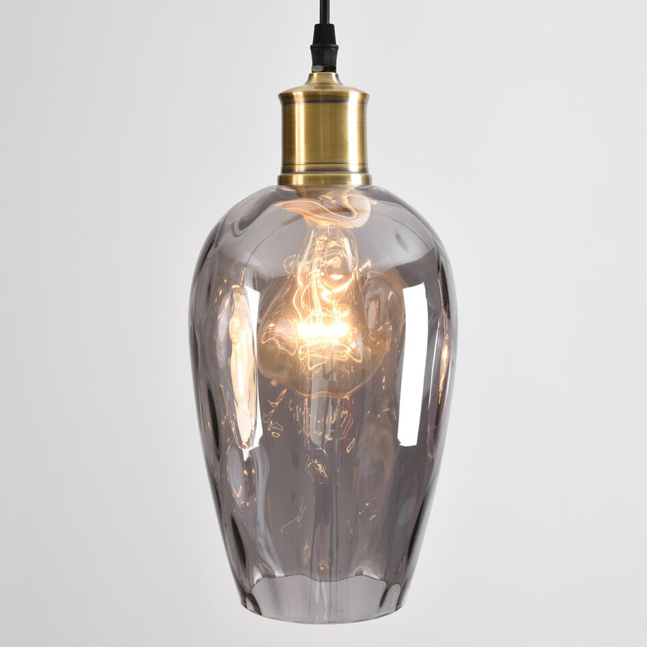 Pendellampa Verona med tre lampor, glas med kupad detalj - amber, ljusrosa och ljusgrå