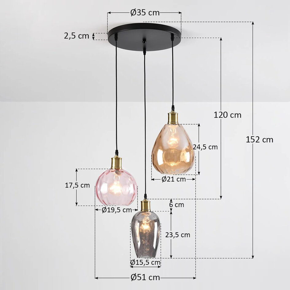Pendellampa Verona med tre lampor, glas med kupad detalj - amber, ljusrosa och ljusgrå