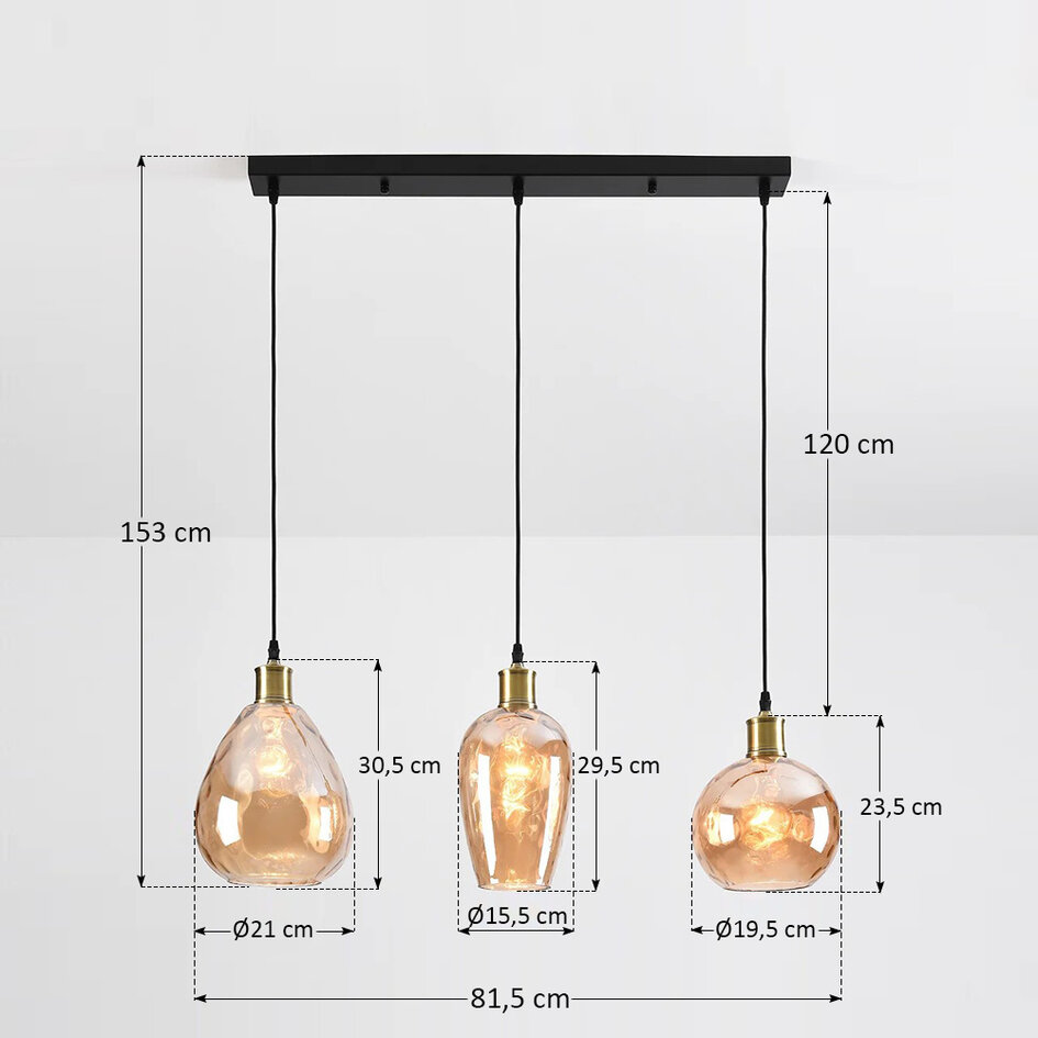 Pendellampa Vanessa med tre lampor, amberfärgat glas med kupad detalj - amber