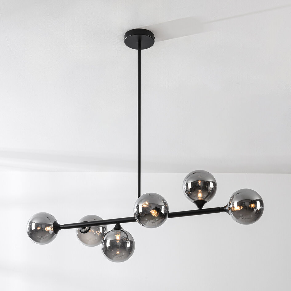 Designad taklampa Aster med sex lampor i rökfärgat glas - svart