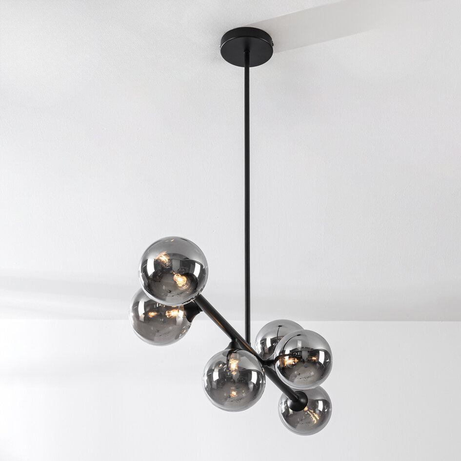 Designad taklampa Aster med sex lampor i rökfärgat glas - svart