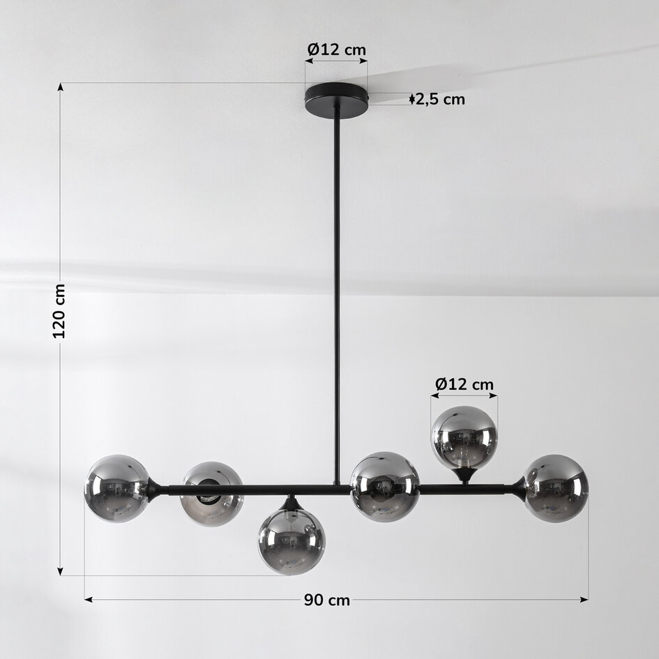 Designad taklampa Aster med sex lampor i rökfärgat glas - svart