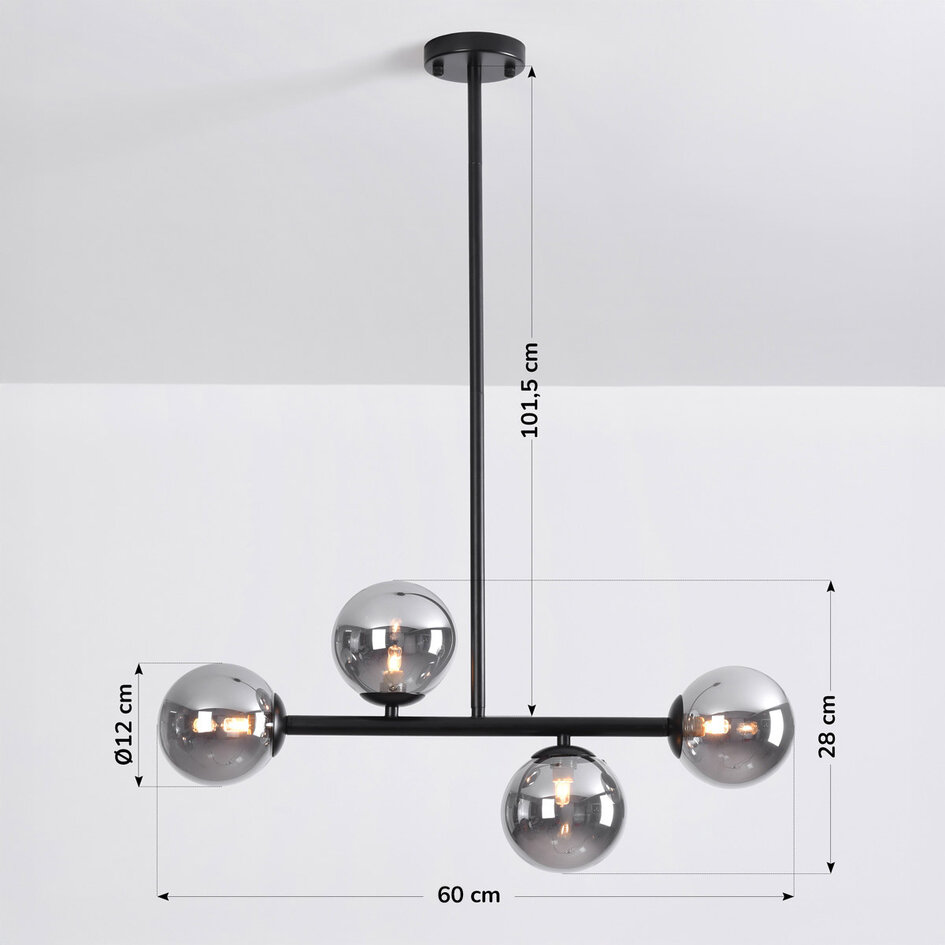 Designad taklampa Asun med fyra lampor i rökfärgat glas - svart