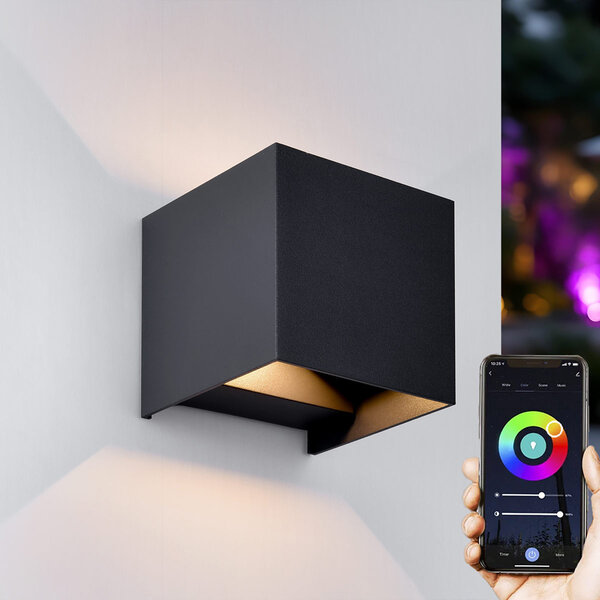 Smart utomhusvägglampa Daniel med RGB - svart