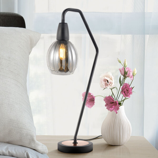 Bordslampa Dewi - svart med koppar och rökfärgat glas