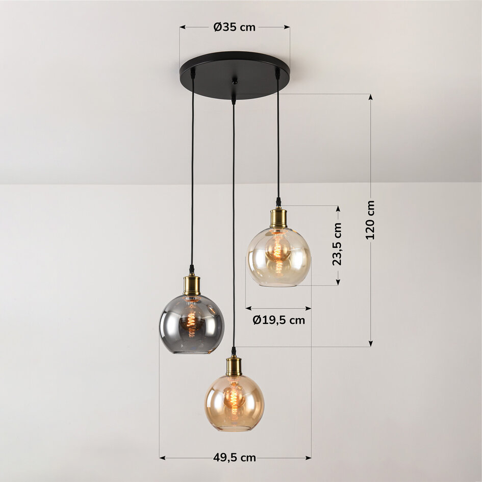 Pendellampa Loiza med tre lampor i rökgrått, amber och konjaksfärgat glas