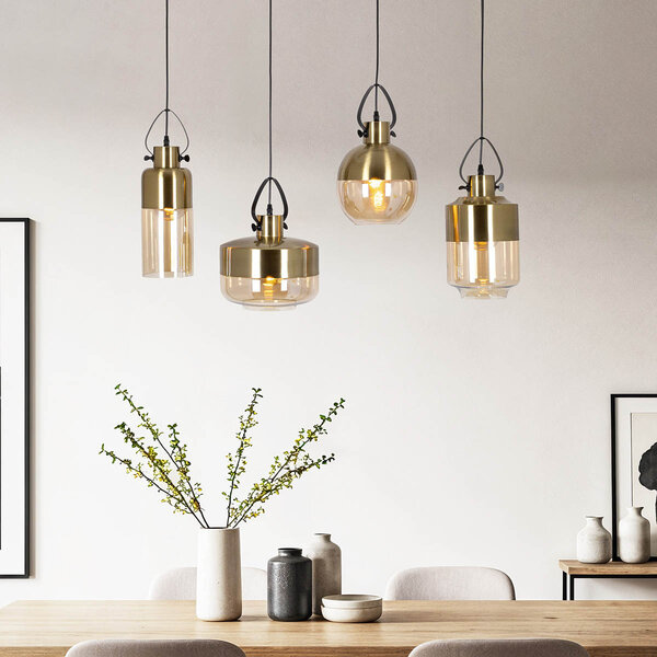 Taklampa 4-ljus med bronsdetaljer och bärnstensfärgat glas - Laure